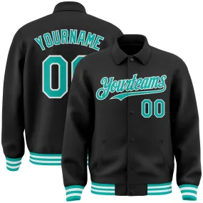 Custom Black Aqua-White Bomber Full-Snap Varsity Letterman Lapel Collar Byron Jacket