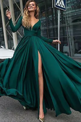 Dark Green A-Line V-Neck Long Sleeves Sweep Train Long Prom Dress, M250