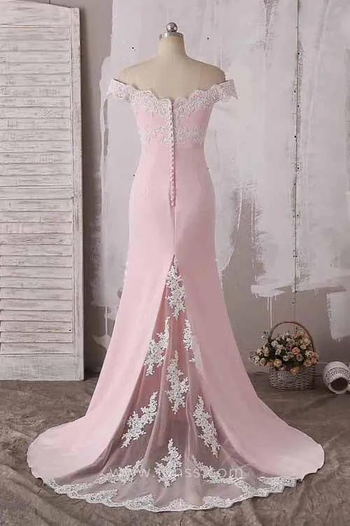 Fabulous Lace Pink Off The Shoulder Neckline Long Prom Dress Bridesmaid Dress, BD90