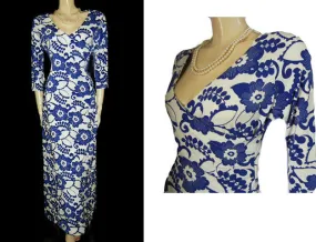 FABULOUS SUMMER  SOFT SURROUNDINGS ROYAL BLUE & WHITE SURPLICE SPANDEX CURVE HUGGING DRESS