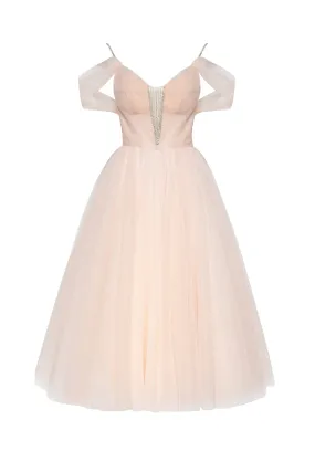 Feminine tulle cocktail dress with the light off-the-shoulder sleeves