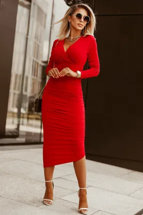 Fiery Red Long Sleeves Wrap V Neck Ruched Sheath Bodycon Dress