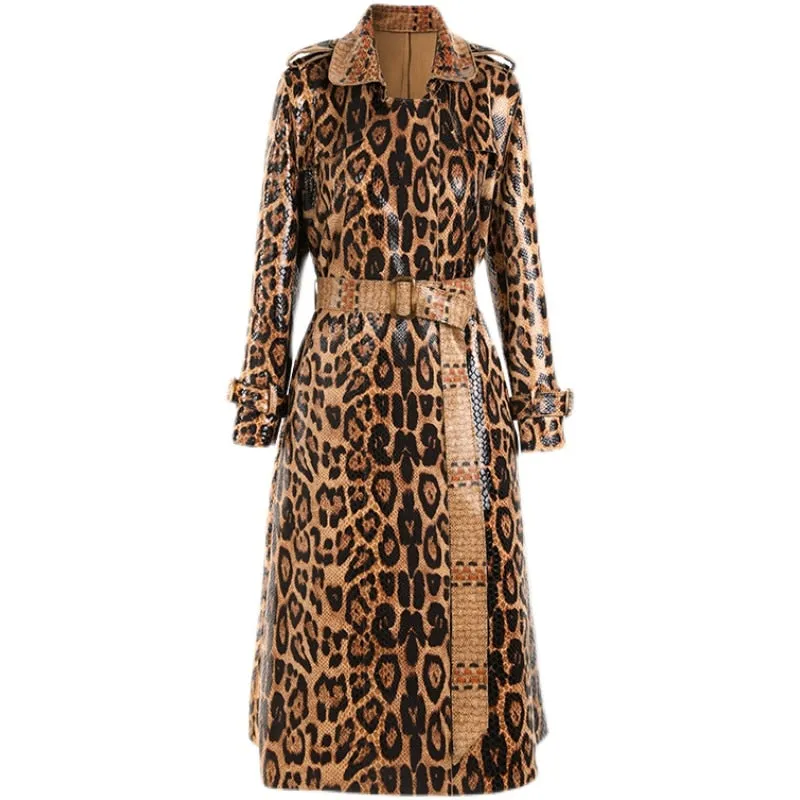 HarleyFashion Luxury Designer Winter Snake Pattern Printing PU Leather High Street Quality Long Straight Trench Women Coats