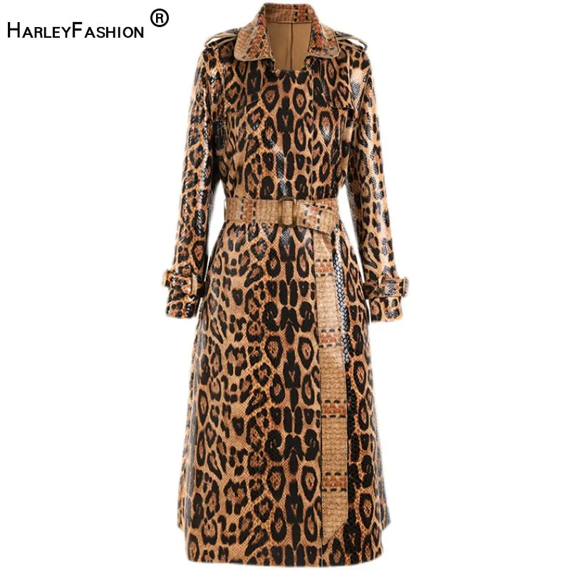 HarleyFashion Luxury Designer Winter Snake Pattern Printing PU Leather High Street Quality Long Straight Trench Women Coats