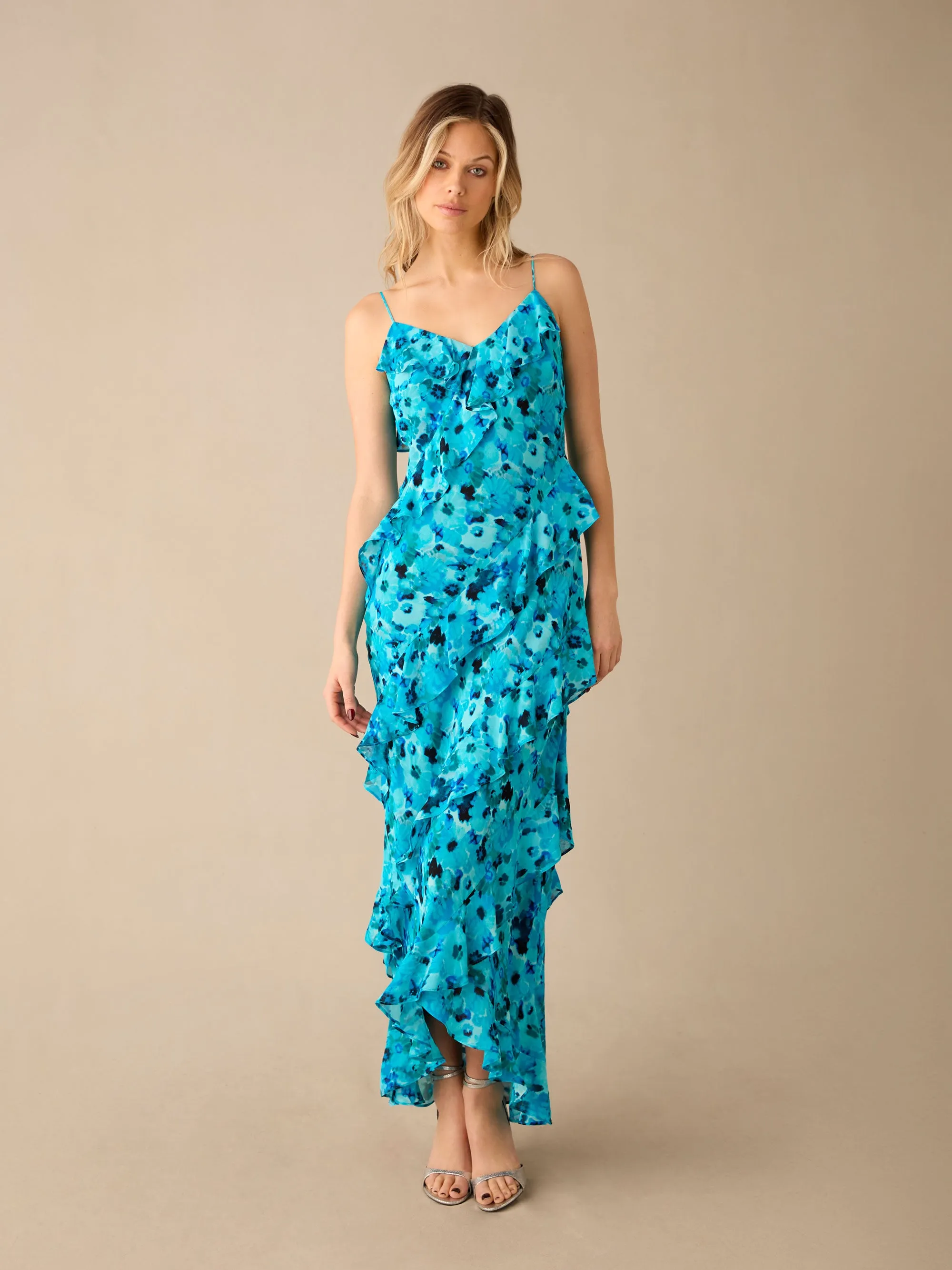 Kirstee Blue Floral Print Ruffle Cami Maxi Dress