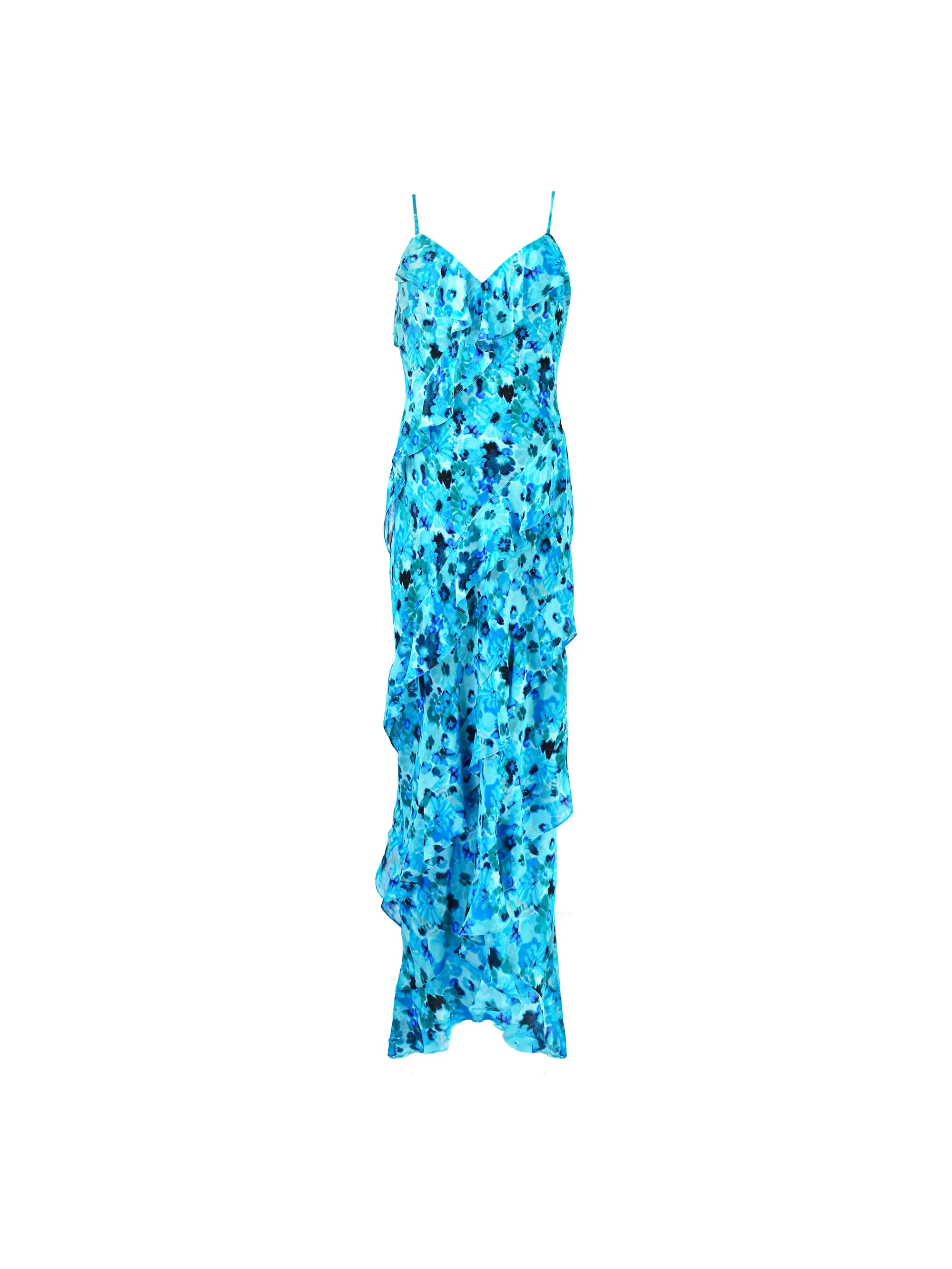 Kirstee Blue Floral Print Ruffle Cami Maxi Dress