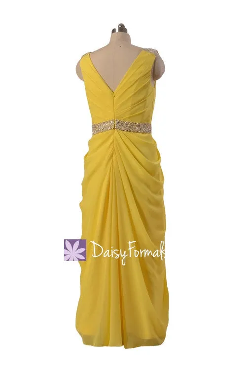 Lemon Yellow Chiffon Evening Dress,Tea Length Bridal Party Dress,Maid of Honor Dresses (BM876T)