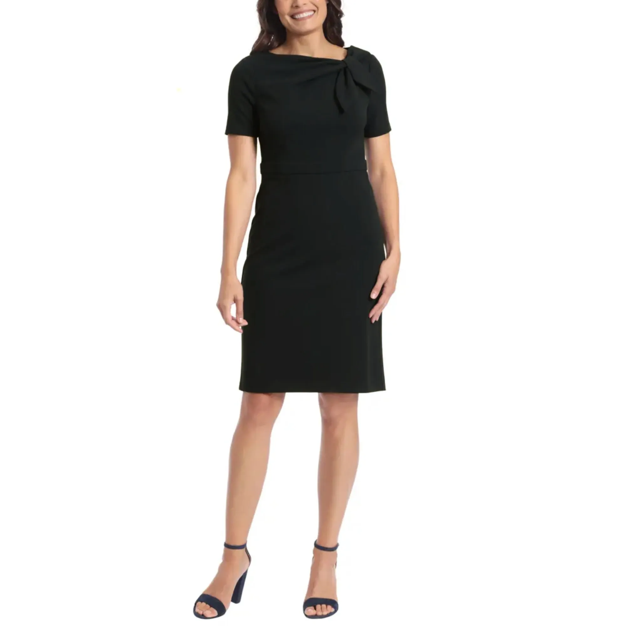 London Times Women's Short Sleeve Gathered Neck Tie Sheath Mini Dress