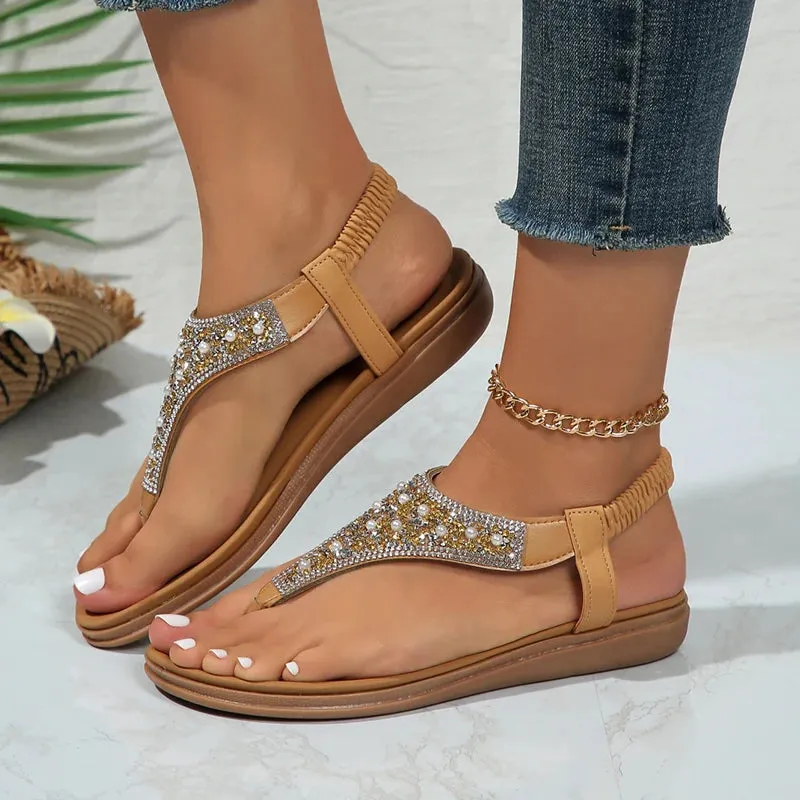 Lucyever Summer Clip Toe Bohemia Sandals Women 2024 Fashion Shiny Crystal Flat Sandalias Woman Non Slip Sole Beach Sandles Mujer