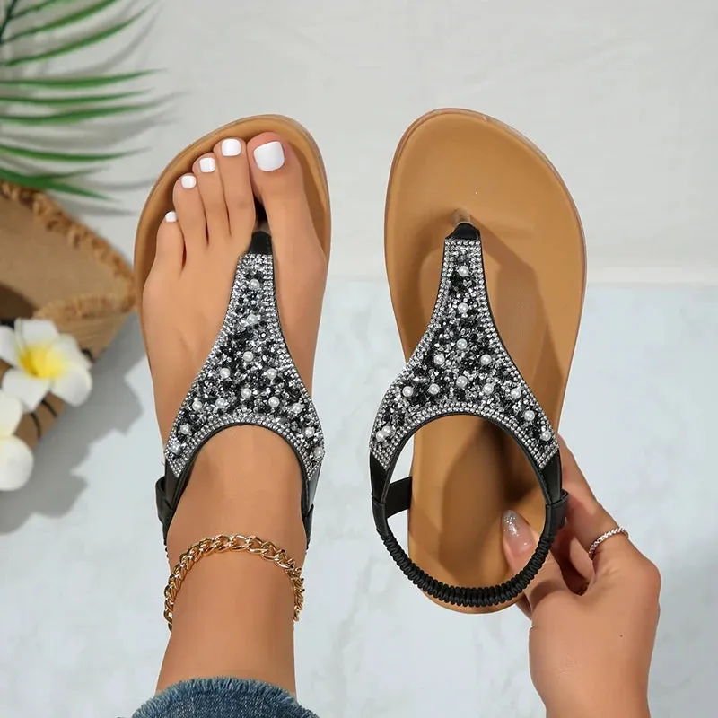 Lucyever Summer Clip Toe Bohemia Sandals Women 2024 Fashion Shiny Crystal Flat Sandalias Woman Non Slip Sole Beach Sandles Mujer