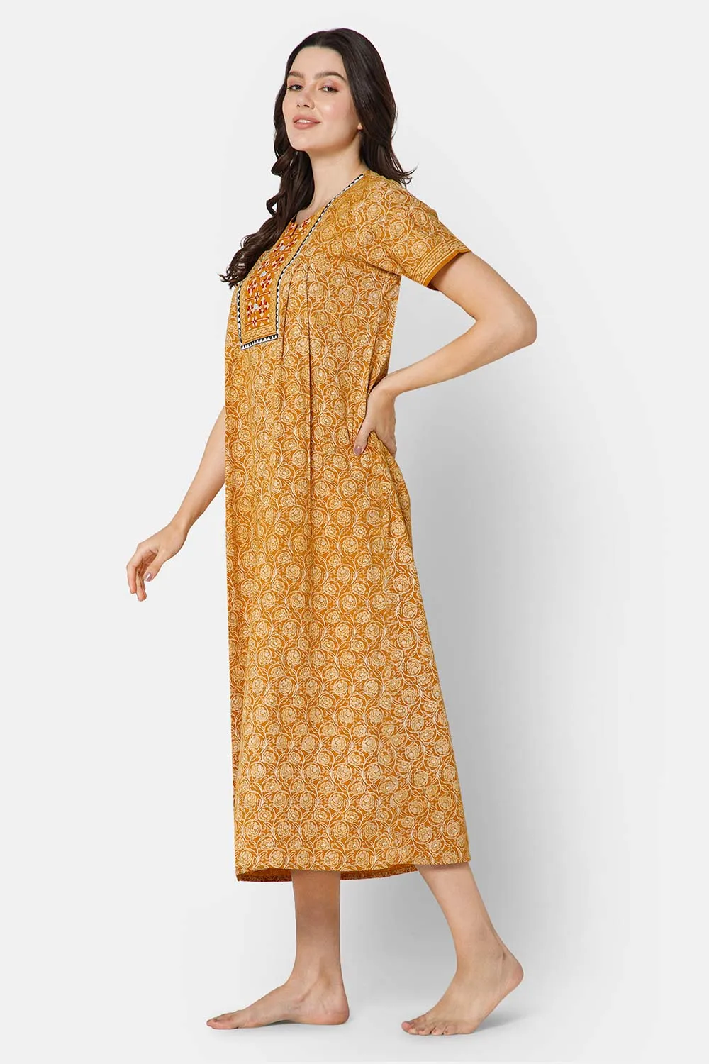 Naidu Hall A-line Women's Nighty Full Length Half Sleeve  - Mustard - R136