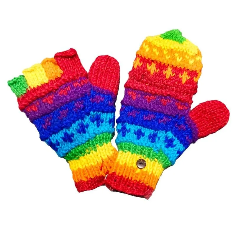 Rainbow Patchwork Thick Wool Mittens - Warm & Stylish for Women