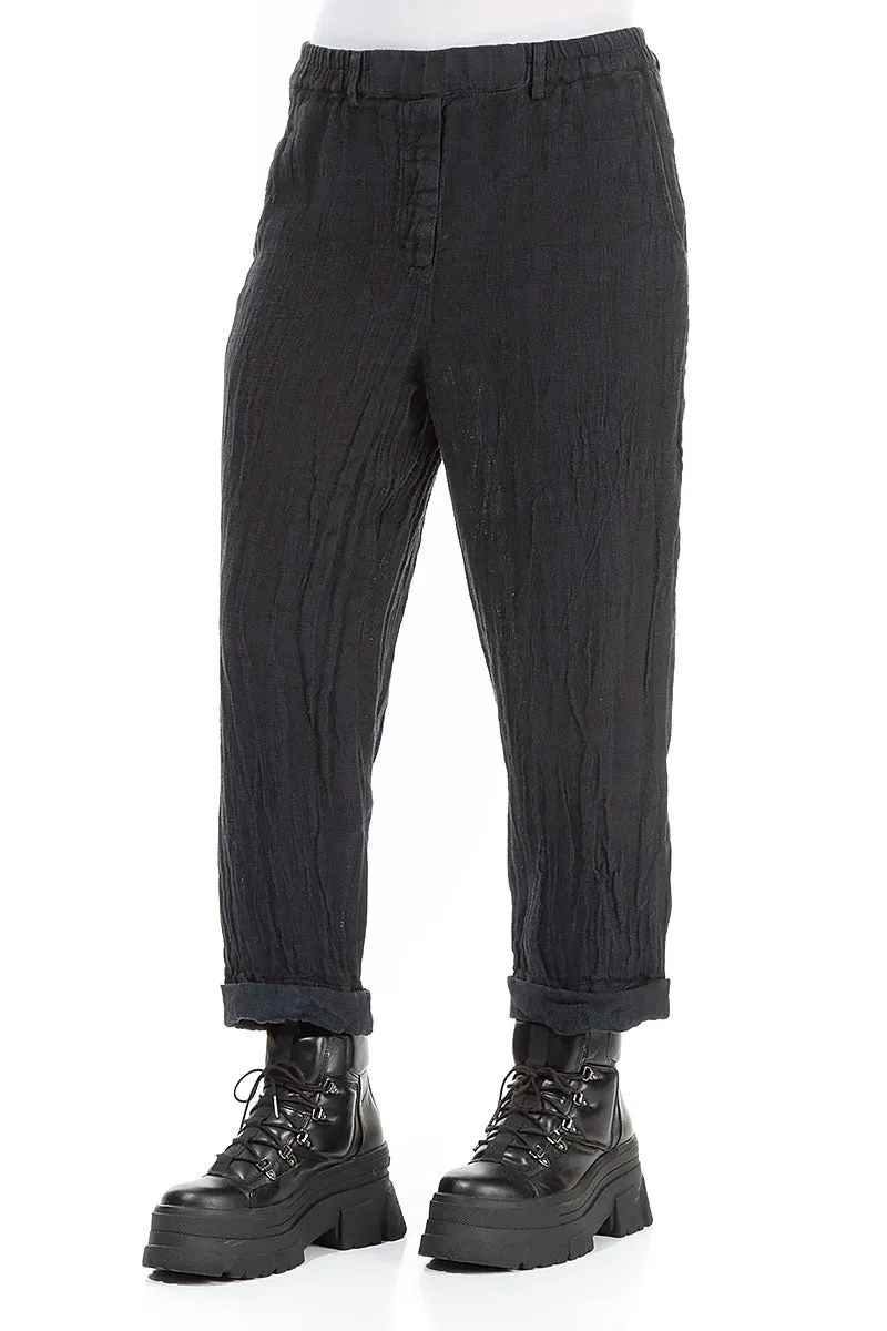 Roll Up Midnight Blue Mélange Linen Trousers