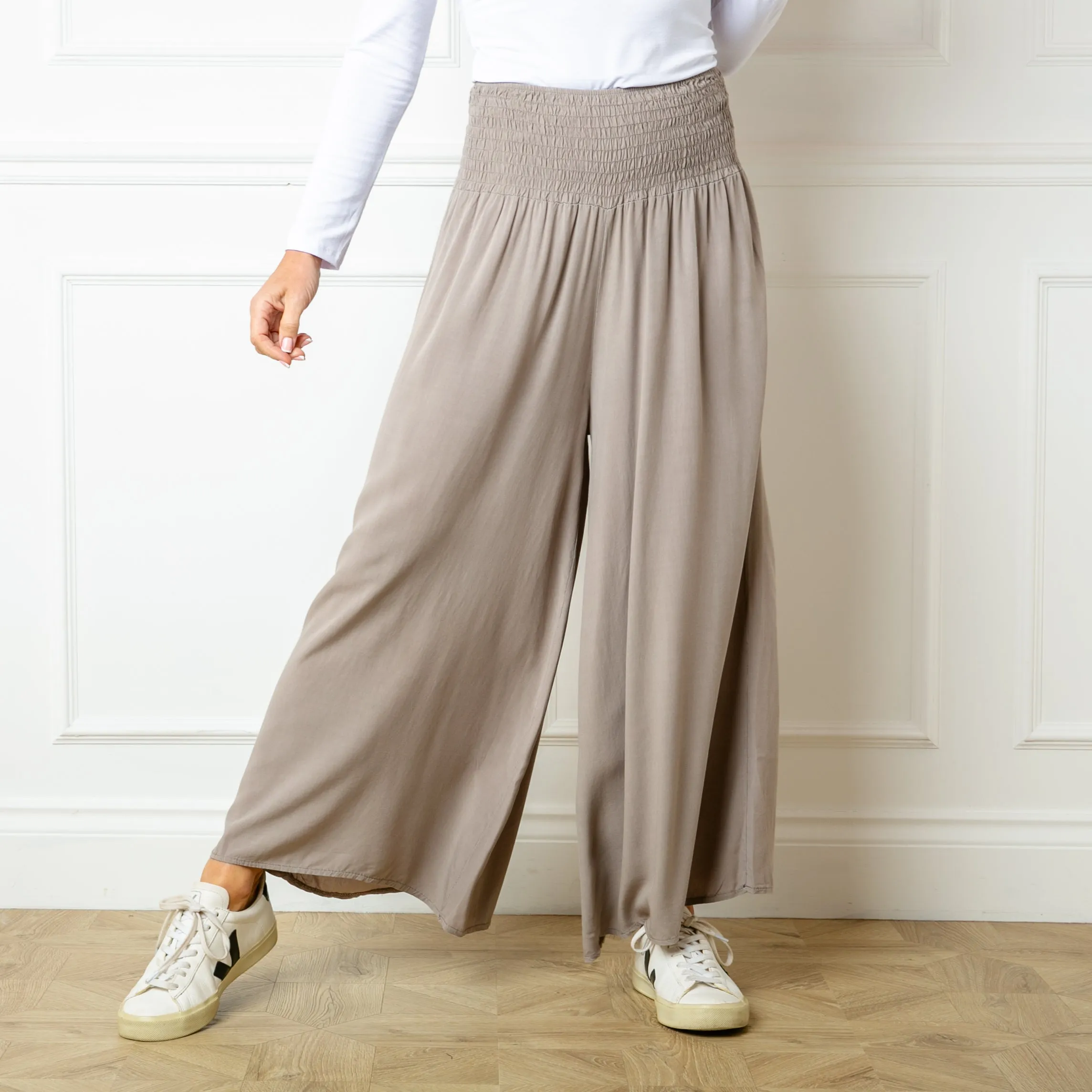 Shirred Waist Wide Leg Trousers