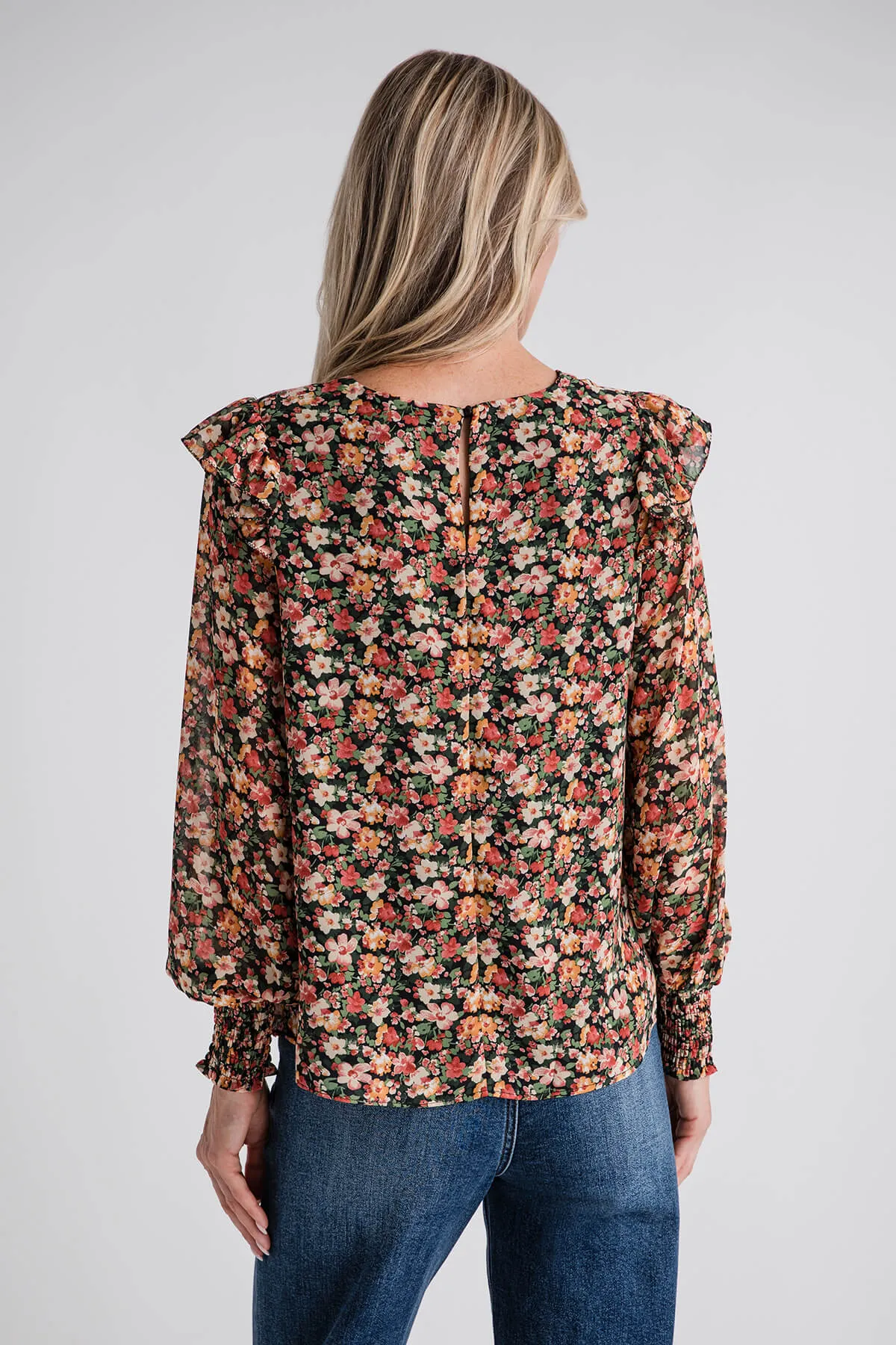 Skies Are Blue Floral Print Sleeve Ruffle Blouse