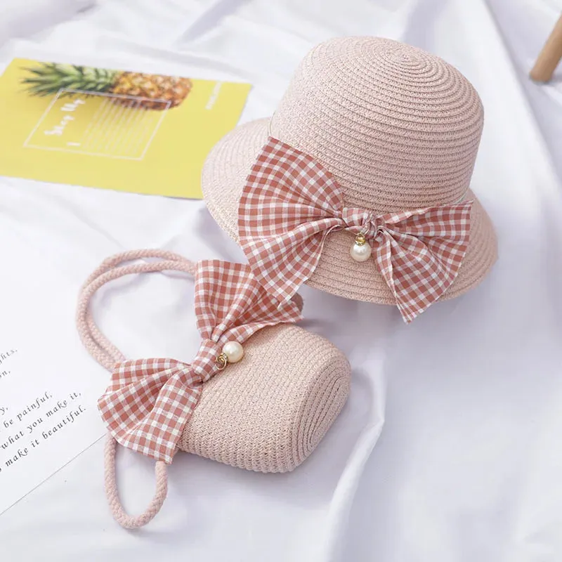 Summer Baby Straw Hat with Handbag & Flower - UV Protection Beach Hat for Kids