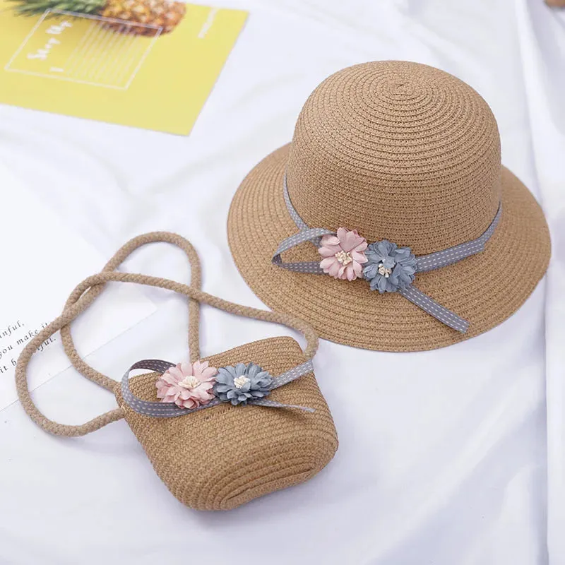 Summer Baby Straw Hat with Handbag & Flower - UV Protection Beach Hat for Kids