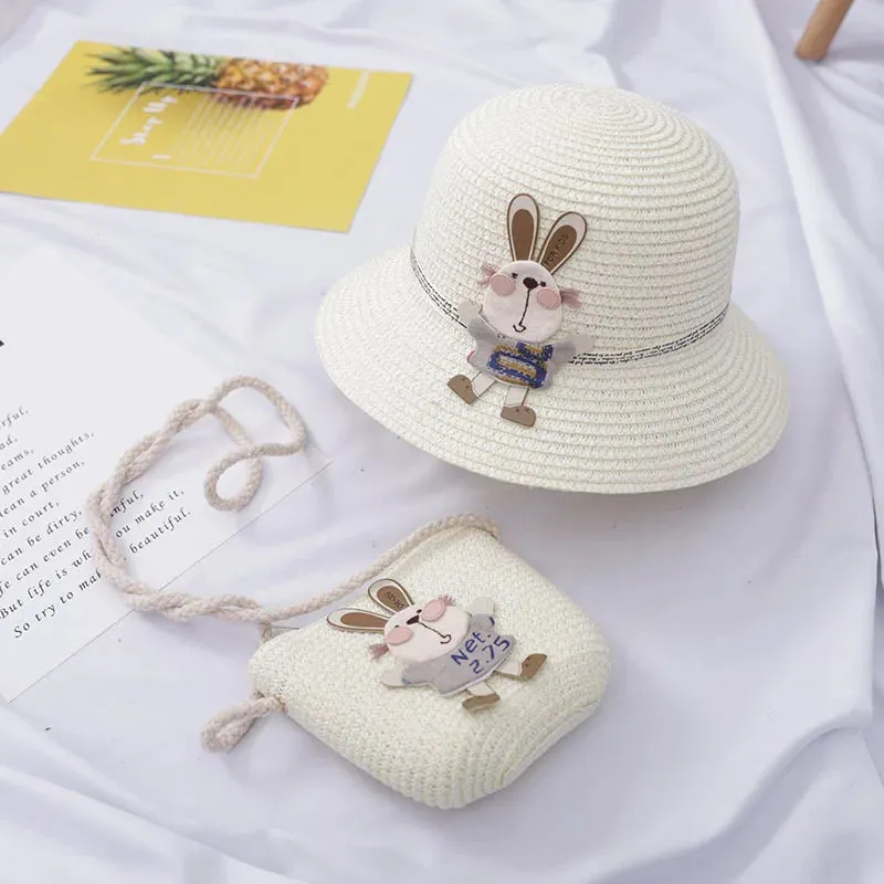 Summer Baby Straw Hat with Handbag & Flower - UV Protection Beach Hat for Kids