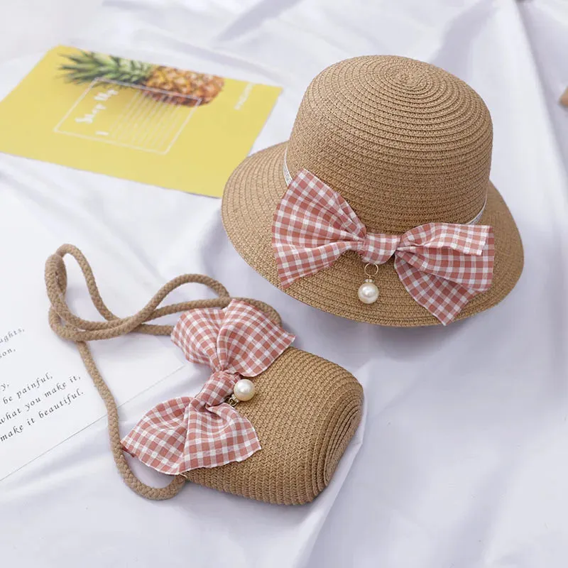 Summer Baby Straw Hat with Handbag & Flower - UV Protection Beach Hat for Kids