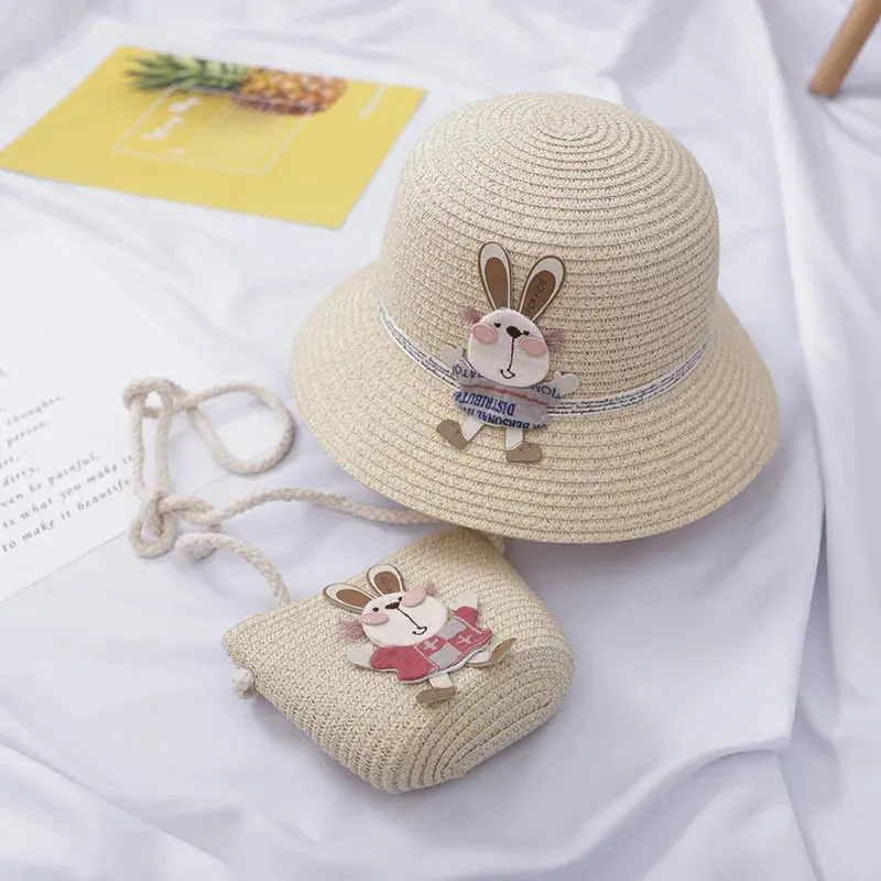 Summer Baby Straw Hat with Handbag & Flower - UV Protection Beach Hat for Kids