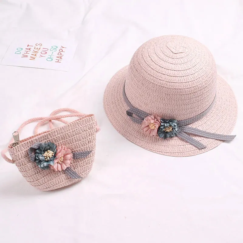 Summer Baby Straw Hat with Handbag & Flower - UV Protection Beach Hat for Kids