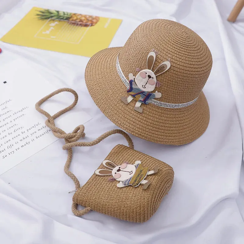 Summer Baby Straw Hat with Handbag & Flower - UV Protection Beach Hat for Kids