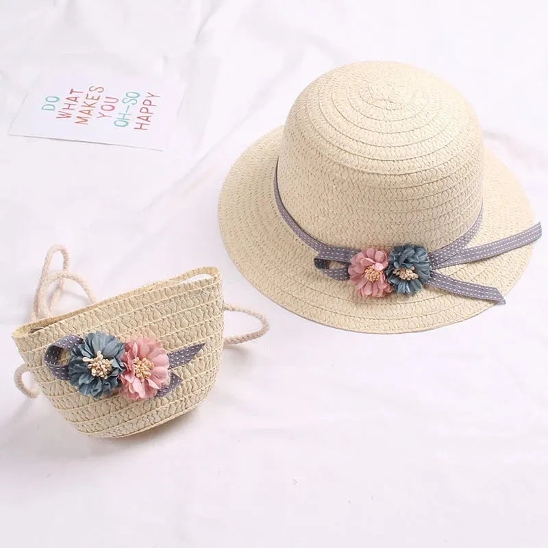 Summer Baby Straw Hat with Handbag & Flower - UV Protection Beach Hat for Kids