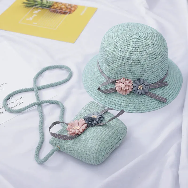 Summer Baby Straw Hat with Handbag & Flower - UV Protection Beach Hat for Kids