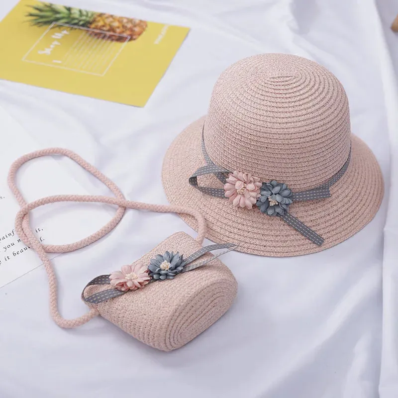 Summer Baby Straw Hat with Handbag & Flower - UV Protection Beach Hat for Kids