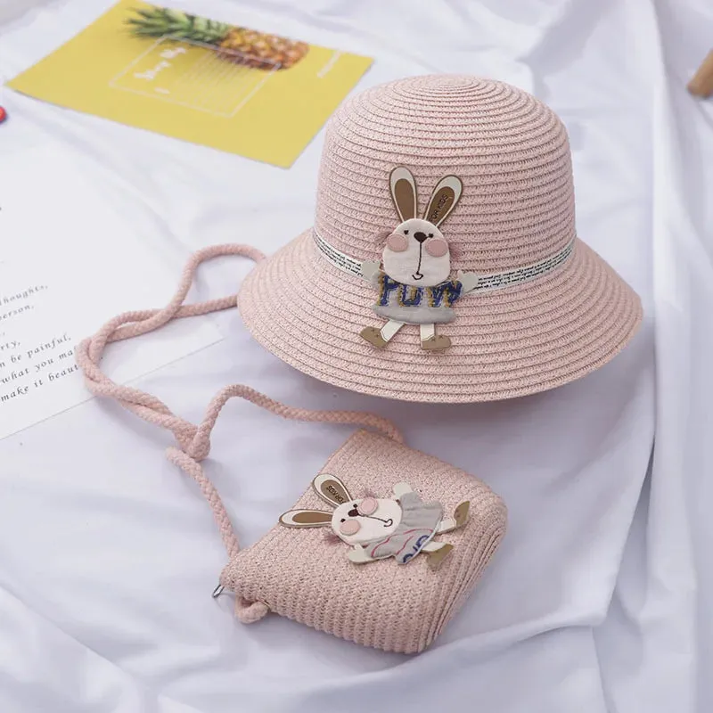 Summer Baby Straw Hat with Handbag & Flower - UV Protection Beach Hat for Kids