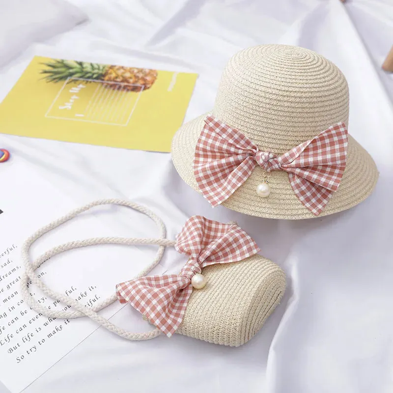 Summer Baby Straw Hat with Handbag & Flower - UV Protection Beach Hat for Kids