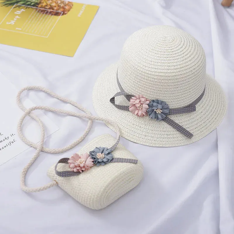 Summer Baby Straw Hat with Handbag & Flower - UV Protection Beach Hat for Kids