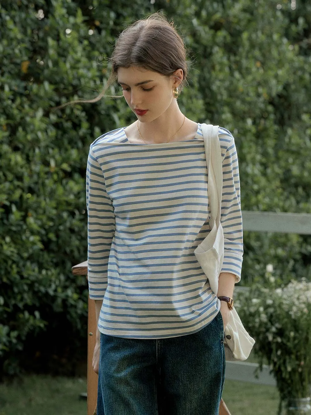 Violet Round Neck Striped Cotton T-shirt