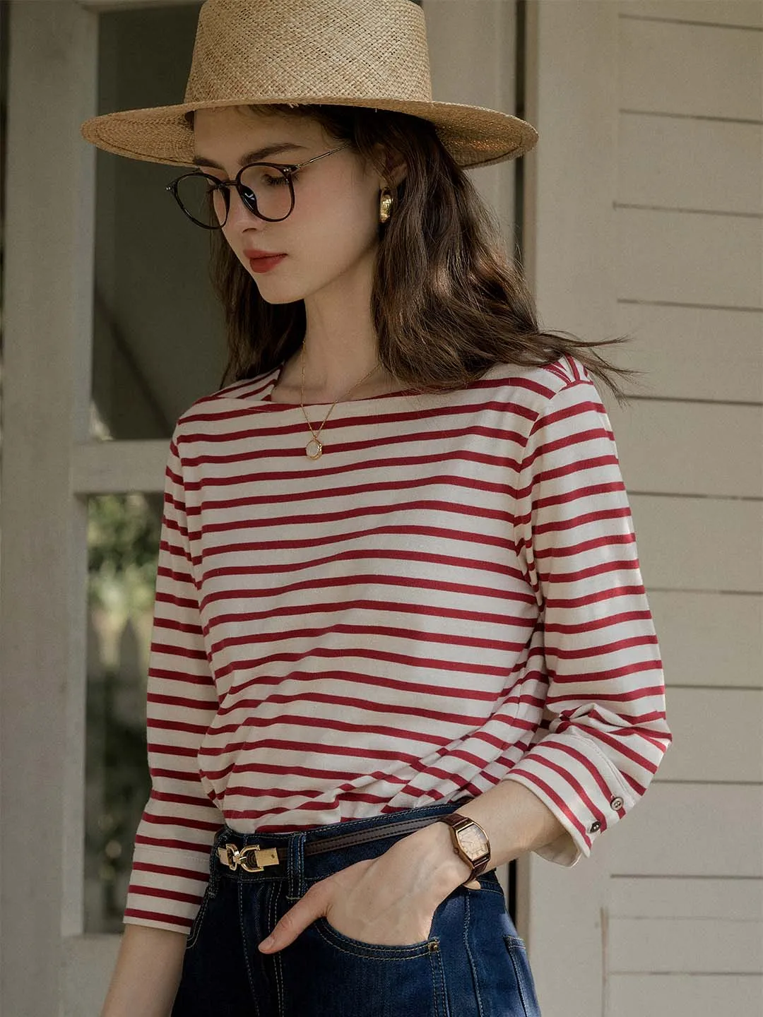 Violet Round Neck Striped Cotton T-shirt