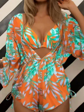 Women's Tropical Print Halter Neck Bikini With Matching Beach Cover Up