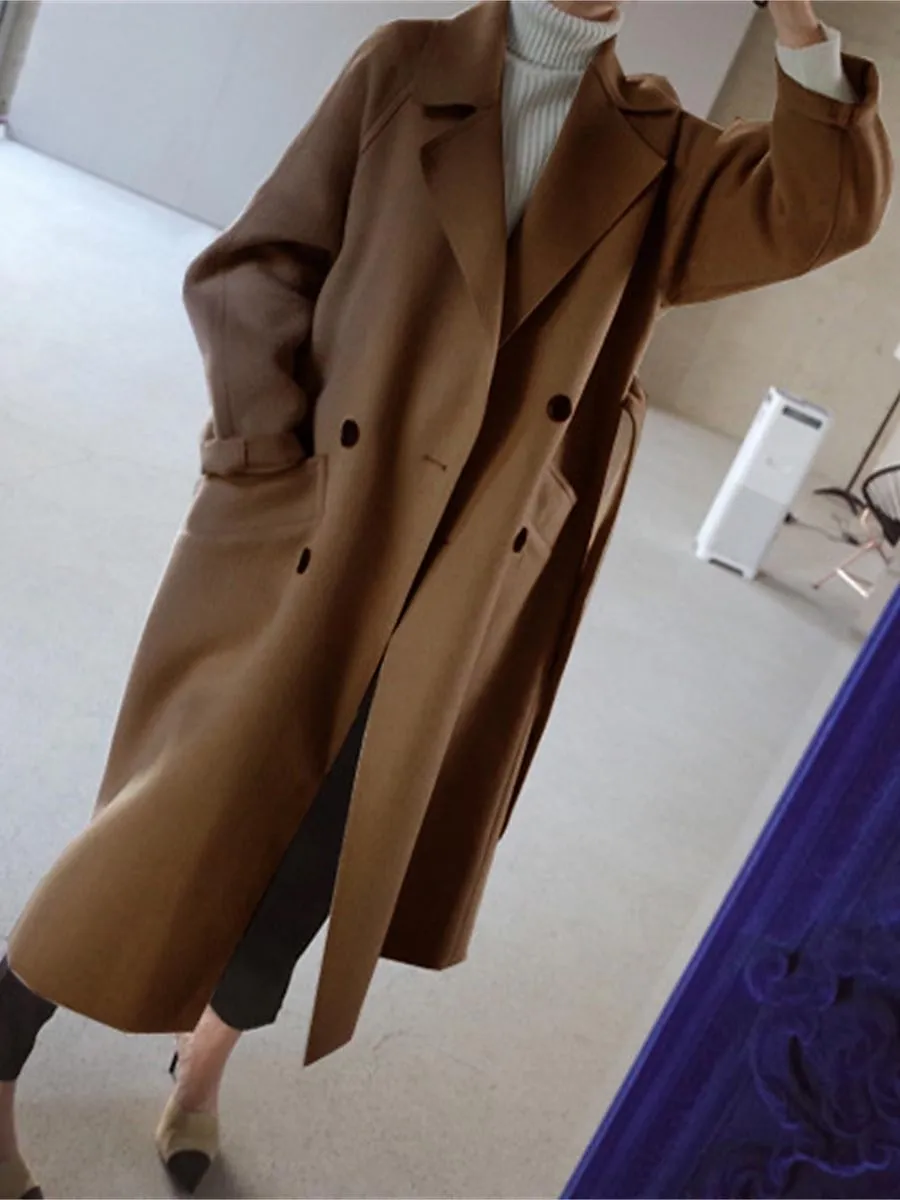 Women's Winter Coat Fall Wool Blend Pea Coat Maillard Long Overcoat with Belt Double Breasted Notch Lapel Trench Coat with Pockets Windproof Warm Street Jacket Long Sleeve