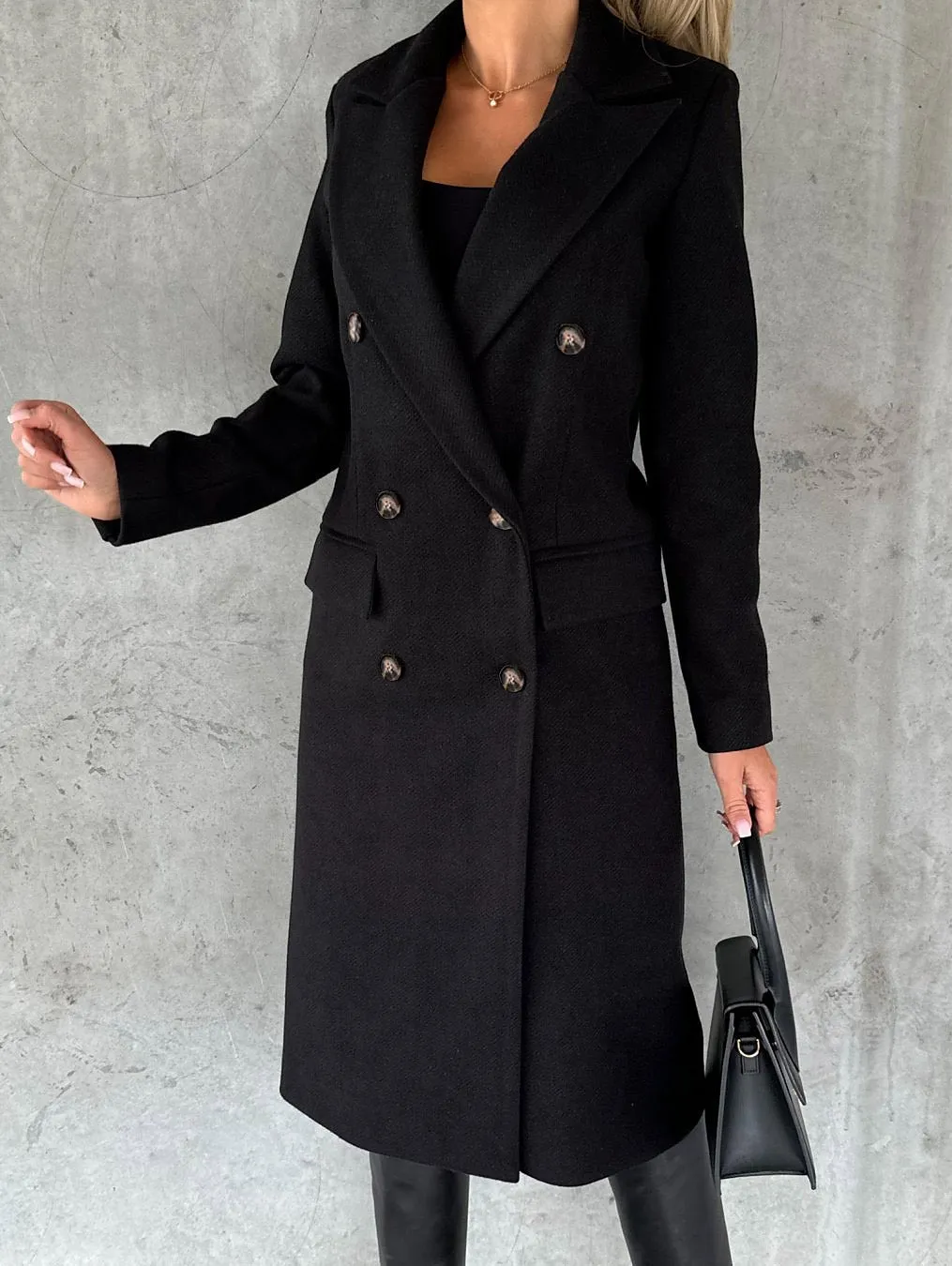 Women's Winter Coat Long Overcoat Double Breasted Pea Coat Notched Lapel Coat Thermal Warm Windproof Trench Coat with Pockets Elegant Outerwear Fall Outerwear Long Sleeve