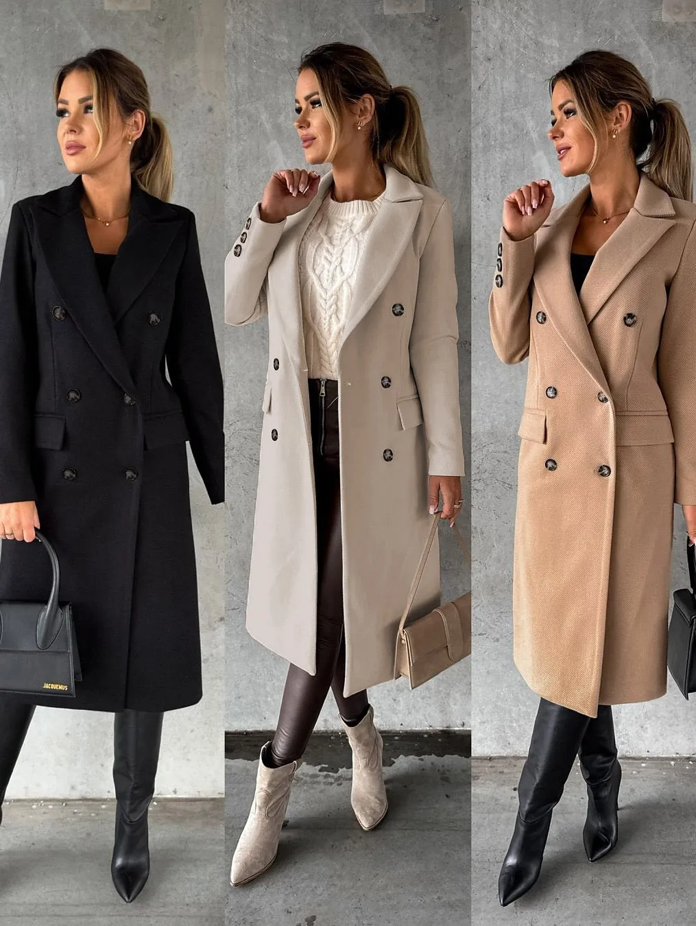 Women's Winter Coat Long Overcoat Double Breasted Pea Coat Notched Lapel Coat Thermal Warm Windproof Trench Coat with Pockets Elegant Outerwear Fall Outerwear Long Sleeve