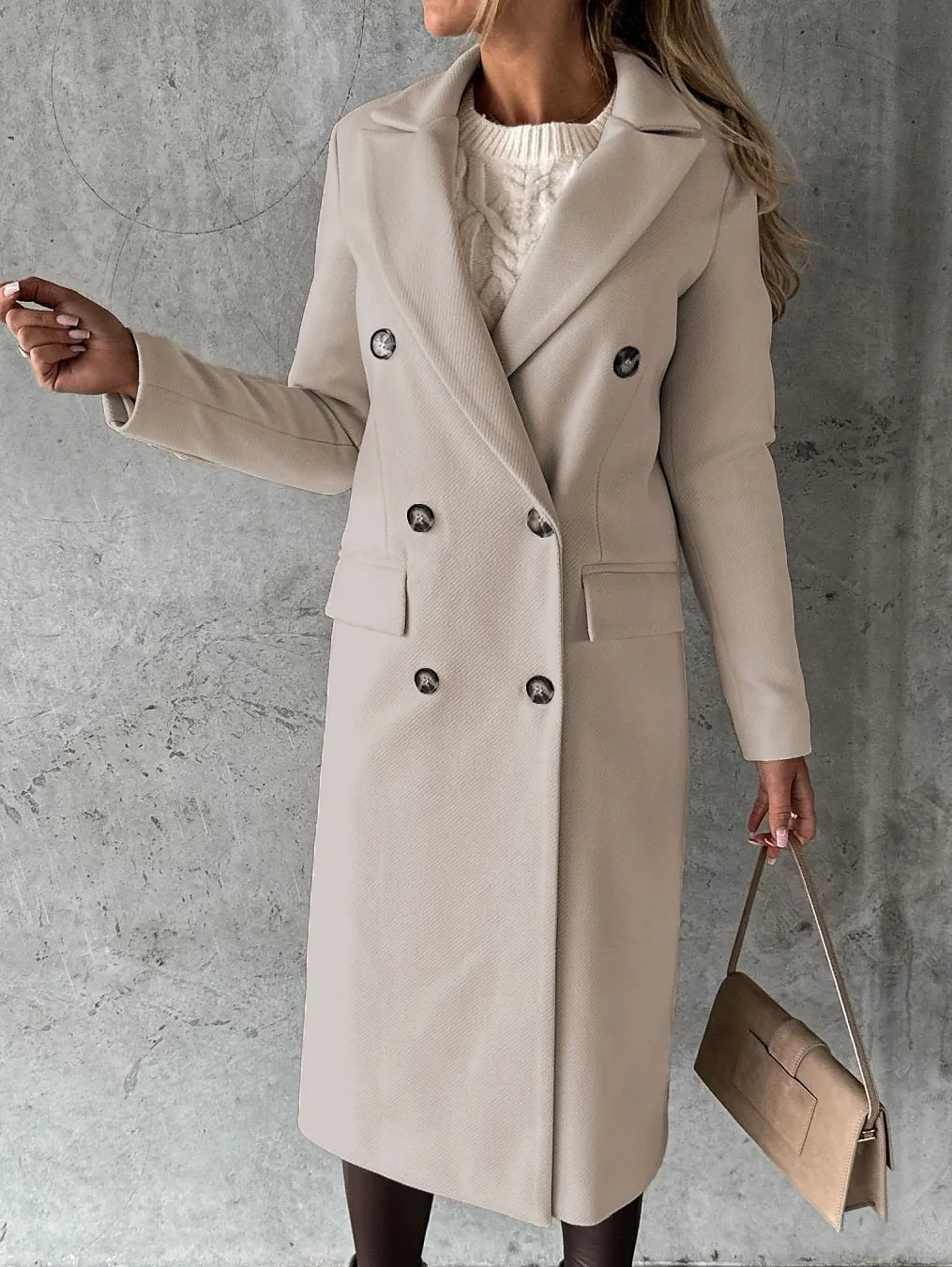 Women's Winter Coat Long Overcoat Double Breasted Pea Coat Notched Lapel Coat Thermal Warm Windproof Trench Coat with Pockets Elegant Outerwear Fall Outerwear Long Sleeve